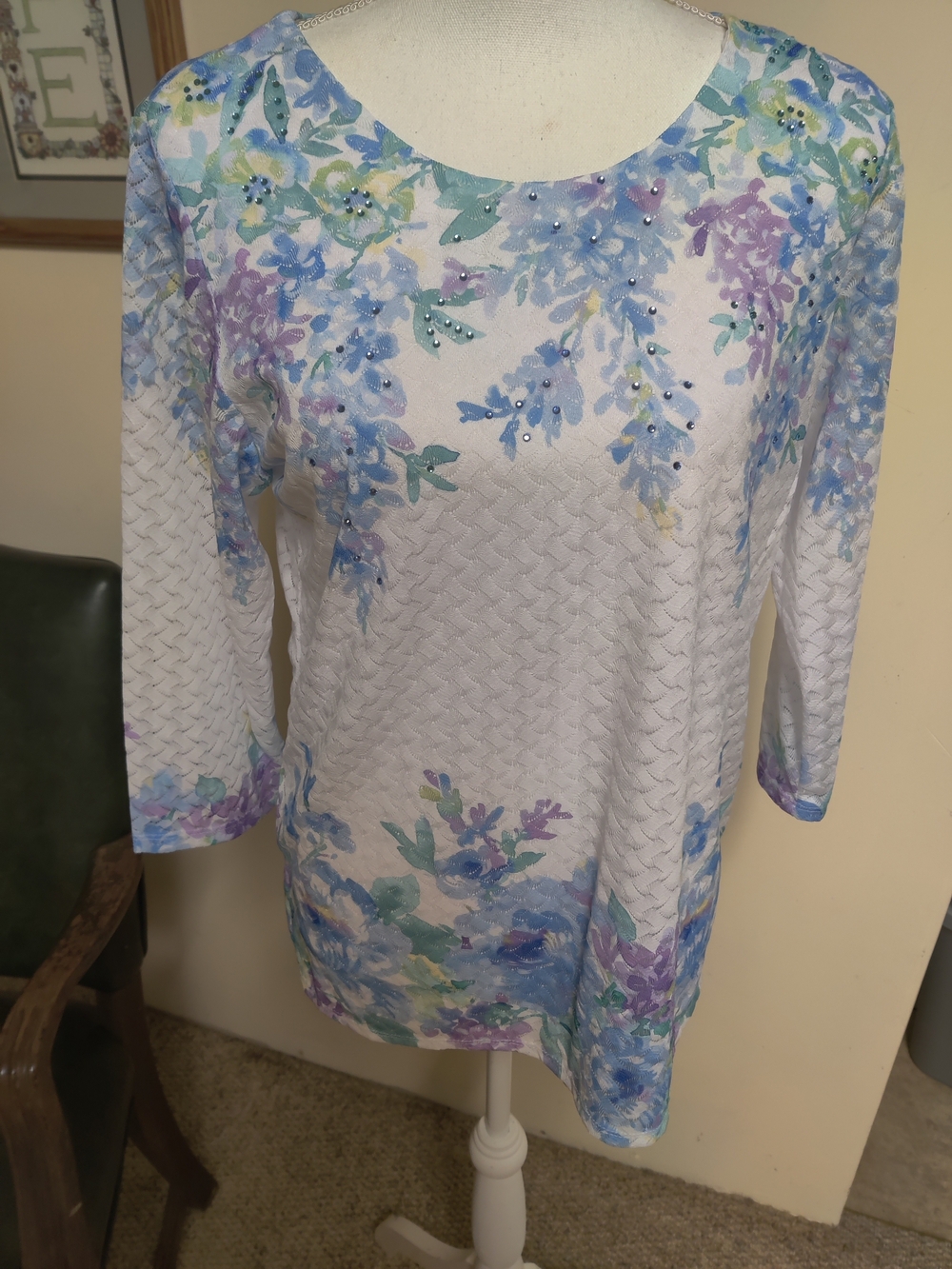 Alfred Dunner White Floral Print Top with Blue & Lavender Accents